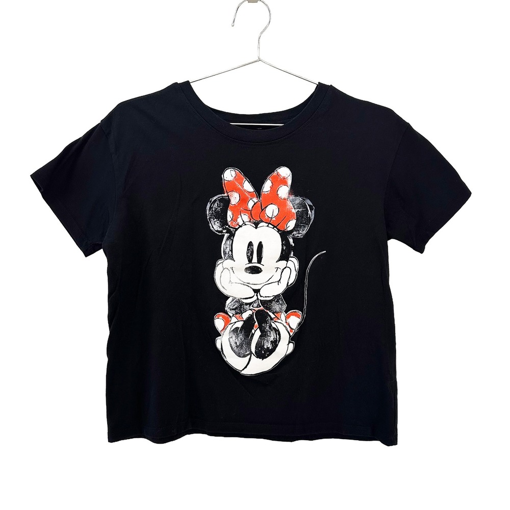 DISNEY Minnie Mouse Graphic Crew Neck Crop Tee • Medium • black, red, white